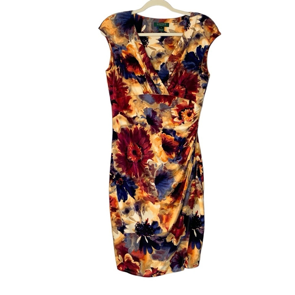 Lauren‎ Ralph Lauren multi fall floral surplice ruched dress with slit. Size 12